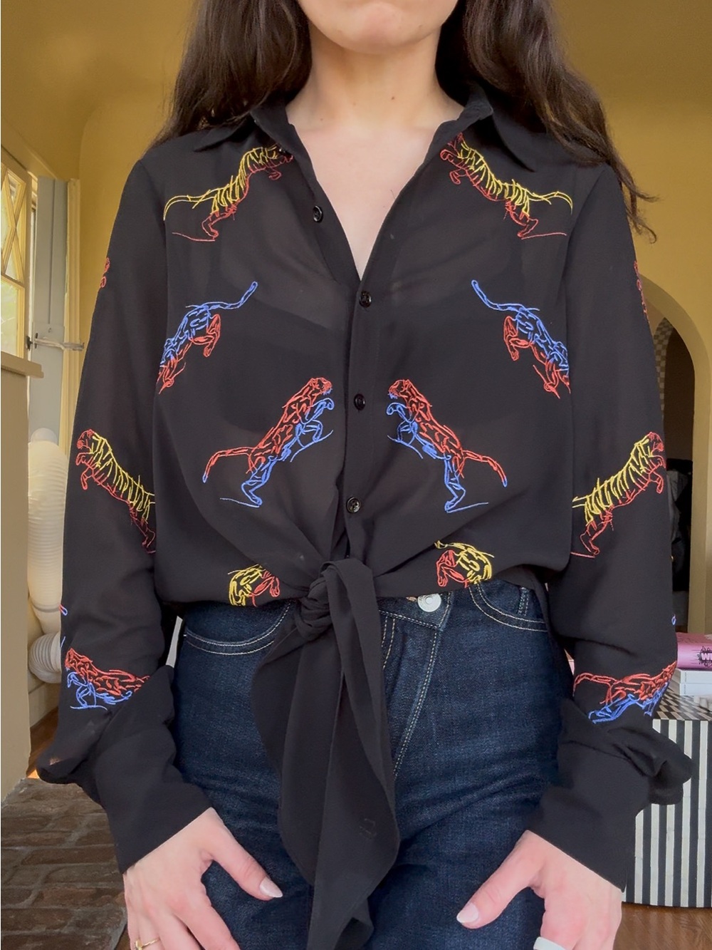 Karen Millen Black Button-Front Blouse with Multicolor Tiger Motif